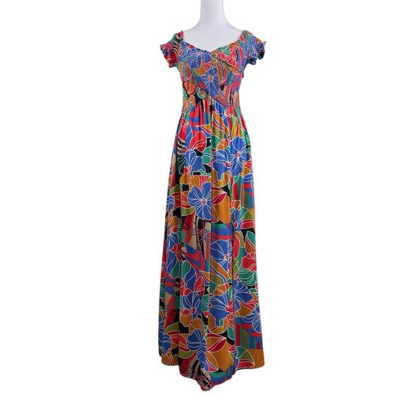 Aakaa Tropical Floral Print Smocked Maxi Dress Small Off The Shoulder Beachy - Picture 15 of 16